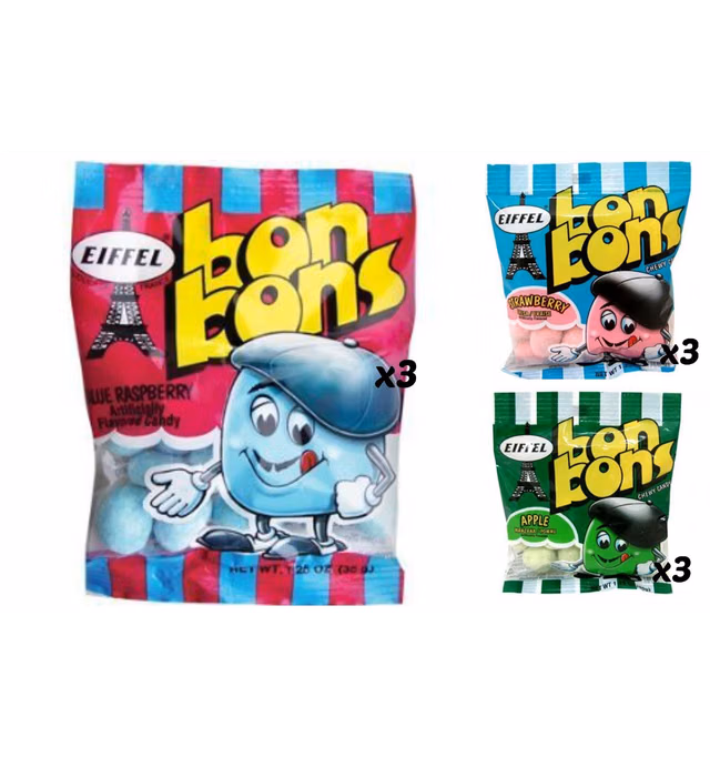 Eiffel Bon Bons 1.25oz 9 Bag Variety Pack - Strawberry, Blue Raspberry, & Apple