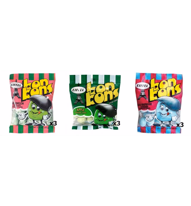 Eiffel Bon Bons 1.25oz 9 Bag Variety Pack - Watermelon, Blue Raspberry, & Apple