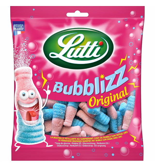 Lutti Original Bubblizz Bubblegum Flavored Flavored Fizzy Candy from France