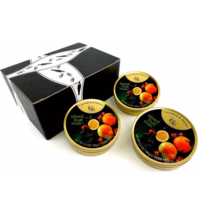 Cavendish & Harvey Mixed Fruit Drops, 5.3 oz Tins in a BlackTie Box (Pack of 3)