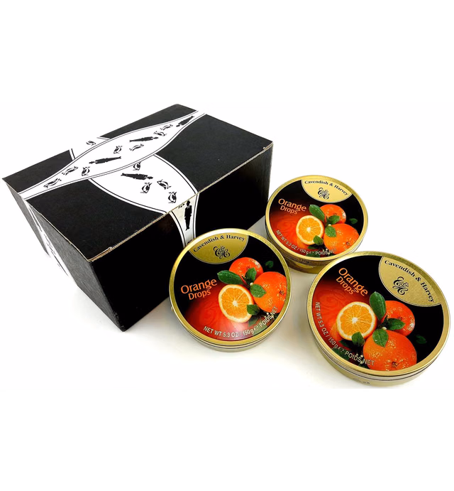 Cavendish & Harvey Orange Drops, 5.3 oz Tins in a BlackTie Box (Pack of 3)