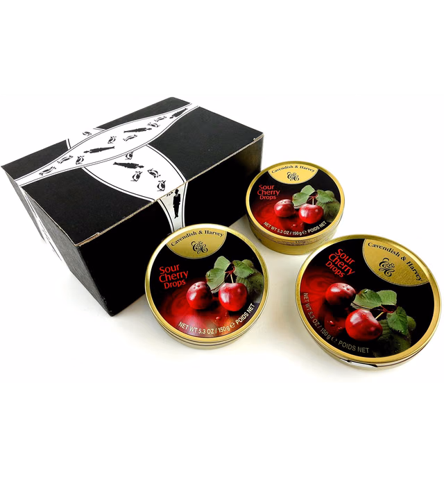 Cavendish & Harvey Sour Cherry Drops, 5.3 oz Tins in a BlackTie Box (Pack of 3)