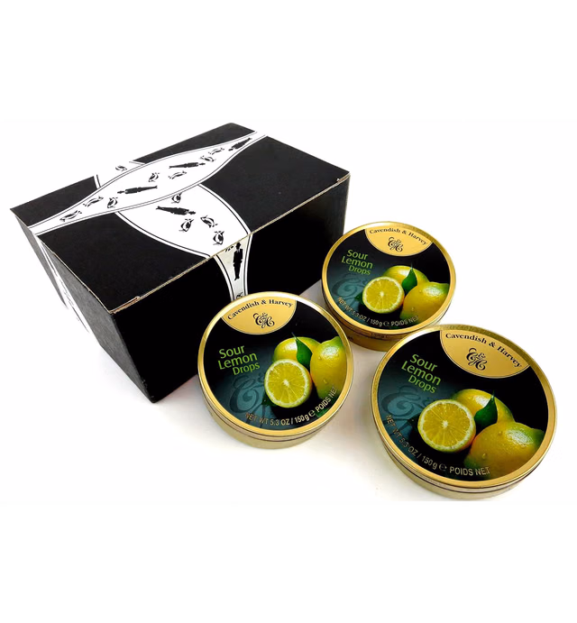 Cavendish & Harvey Sour Lemon Drops, 5.3 oz Tins in a BlackTie Box (Pack of 3)