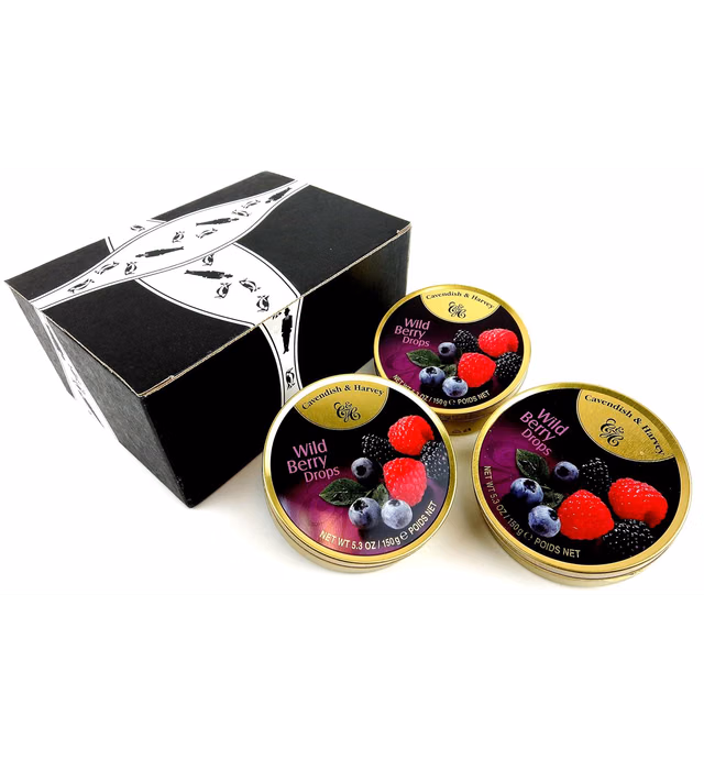 Cavendish & Harvey Wild Berry Drops, 5.3 oz Tins in a BlackTie Box (Pack of 3)