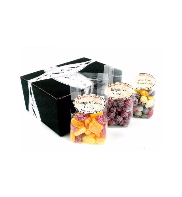 Hermann the German Bavarian Hard Candy 3-Flavor Variety: One 5.29 oz Bag Each of Bavarian Fruit Assortment, Raspberry, and Orange & Lemon in a BlackTie Box (3 Items Total)