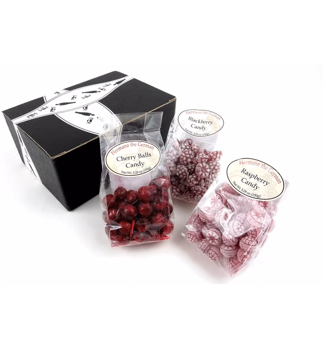 Hermann the German Bavarian Hard Candy 3-Flavor Variety: One 5.29 oz Bag Each of Blackberry, Raspberry, and Cherry in a BlackTie Box (3 Items Total)