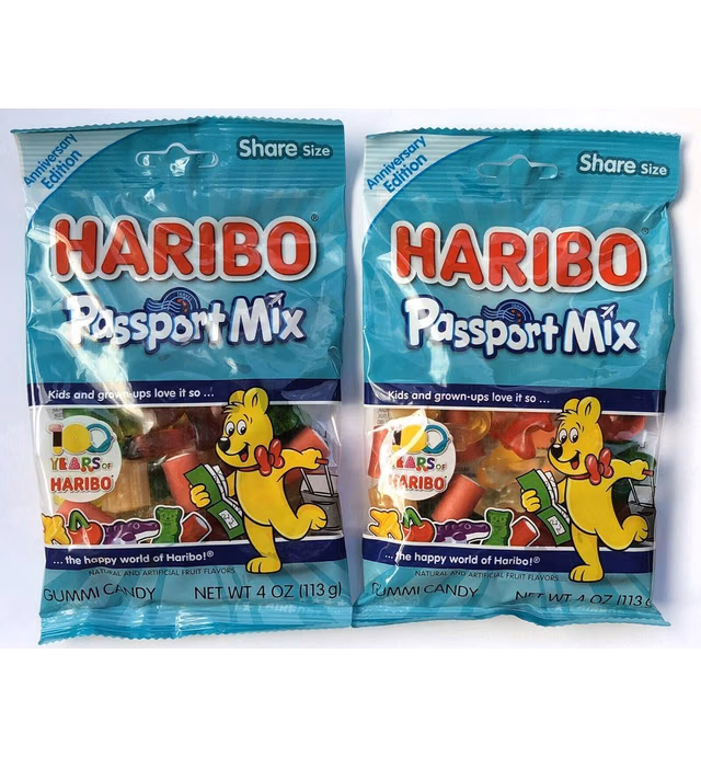 Haribo Passport Mix Gummi Candy 100TH Anniversary Edition 4 OZ Share Size ( 2 PACK )