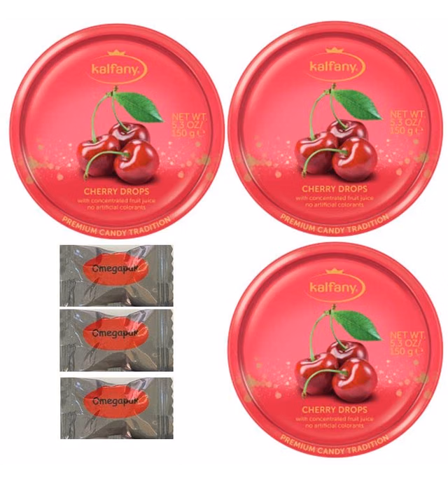Kalfany German Hard Candy 3 Tins Bundle - Cherry Drops, 150g / 5.3 Oz. Each, With Omegapak Starlight Mints