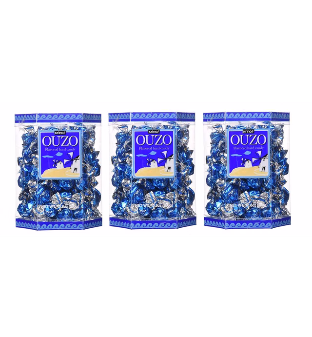 Krinos Ouzo Candy - Greek Favorite - Licorice Flavored Treat - Delicious Hard Candy - all Natural Flavors - Contains No Alcohol and No Gluten - Perfect for Parties, Party Favors 3 pack