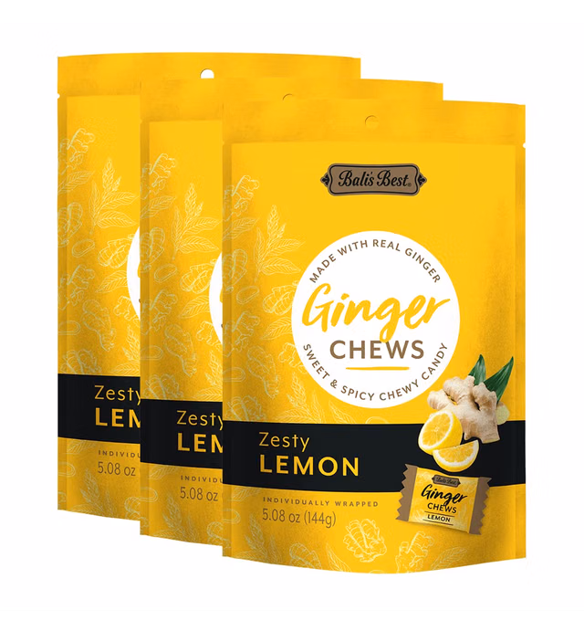 Bali's Best Ginger Chews - Zesty Lemon Flavor (3 Pack) 100% Real Ginger, Sweet Spicy Chewy Lemon Ginger Candies, 3x 5.08oz 144g Bags, Great snacks for sharing and gift baskets
