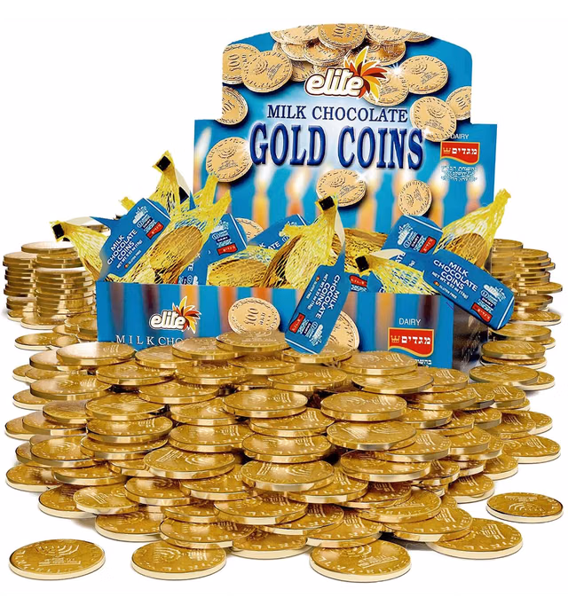 Elite Milk Chocolate Gold Coins, Individually Wrapped, Mesh Bags Filled with Menora Embossed Hanukkah Gelt Coins, Gluten Free, 0.53 Ounce (Pack of 24)