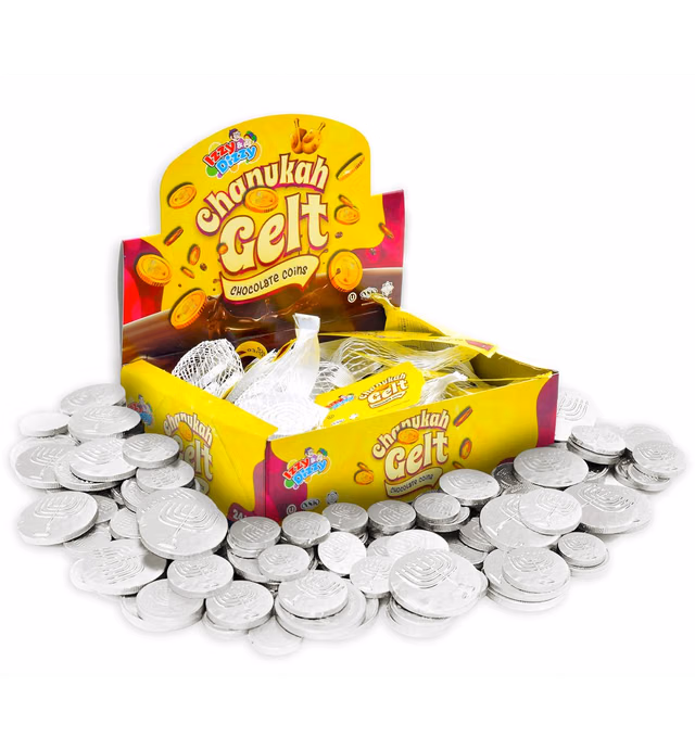 Hanukkah Gelt Coins Chocolate - Kosher Bittersweet Chocolate Coins (Parve) - 24 Mesh Bags Filled with Menora Embossed Hanukkah Gelt Coins