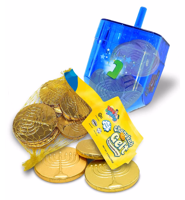 Hanukkah Gelt Coins Chocolate - Kosher Milk Chocolate Coins - Dreidel Filled with Menora Embossed Hanukkah Gelt Coins - Color May Vary