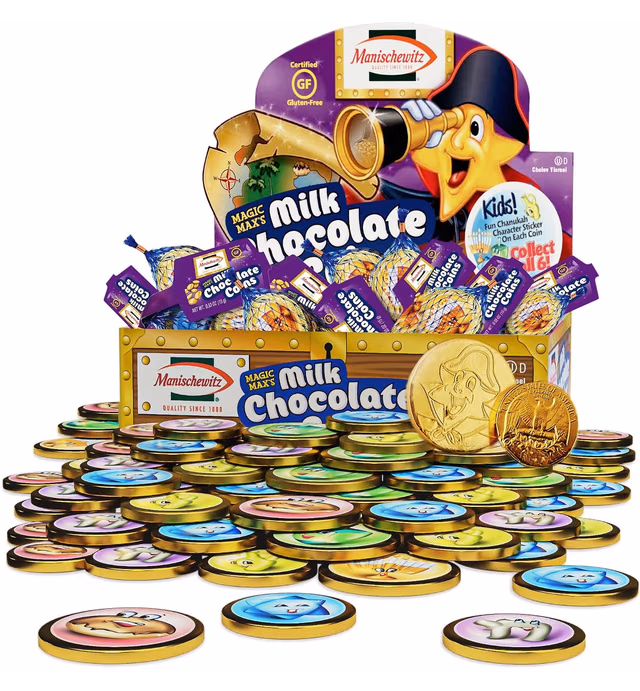 Hanukkah Gelt, Manischewitz Milk Chocolate Gold Coins, Box of 24 Mesh Bags Filled with Individually Wrapped Magic Max Hanukkah Gelt Coins, Gluten Free