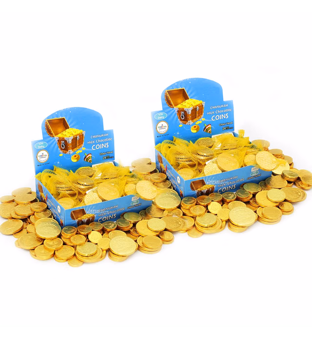 Hanukkah Chocolate Gelt, Milk Chocolate Coins, Made in Israel, Kosher Certified Cholov Yisroel Chanukah Coins Box, 0.42 oz each (2-Pack, 48 Mesh Bags)