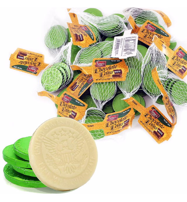 Hanukkah White Chocolate Coins, Chanuka Gelt, Dairy Milk Chocolate in Mesh Bags (12-Pack)