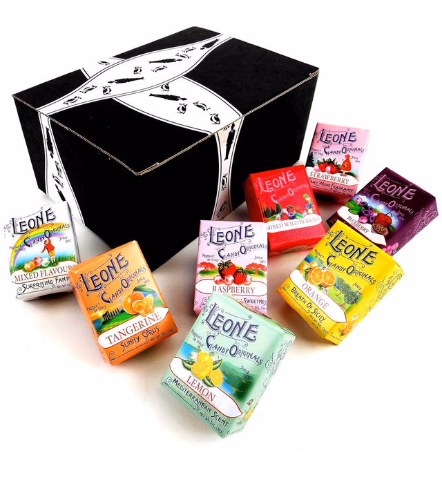 Pastiglie Leone Fruit Pastilles 8-Flavor Variety: One 1 oz Package Each of Orange, Lemon, Tangerine, Mixed Flavours, Blueberry, Raspberry, Strawberry, and Mixed Wild Berries in a BlackTie Box (8 Items Total)