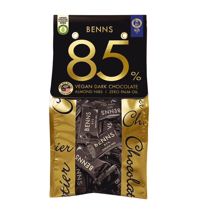 85% vegan dark chocolate with almond nibs (Malaysia cacao origin)