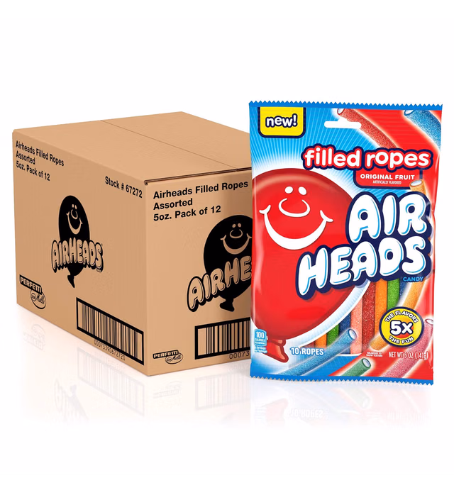 Airheads Candy, Filled Ropes, Original Fruit Flavors, Blue Raspberry, Cherry, Orange, Strawberry, Watermelon, 5oz Bag, Box of 12 Bags