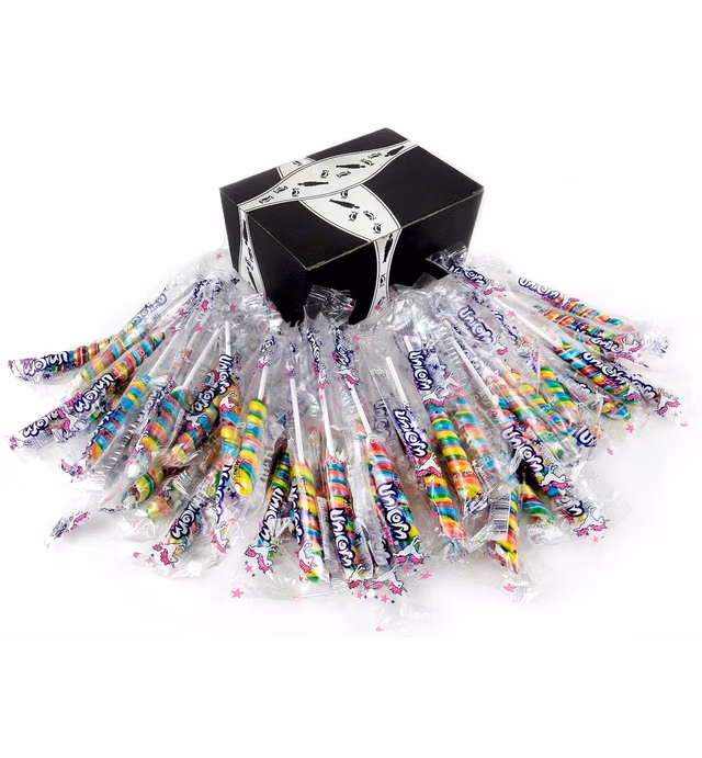 Mini Rainbow Unicorn Pops, 0.42 oz Packages in a Black Tie Box (Pack of 50)