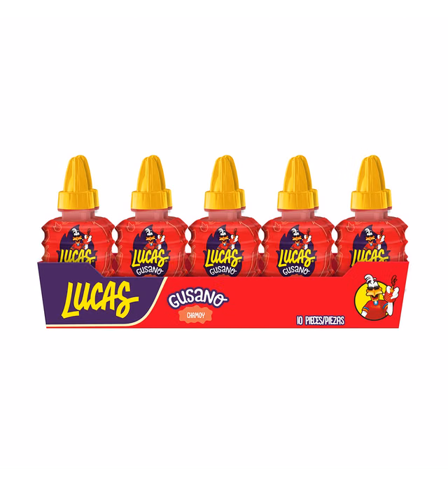 Lucas Gusano Fruity Chamoy Flavored Liquid Spicy Candy, 1.26oz - 10 Pieces Pack for Treats, Fruit, Snack, Parties, Piñatas