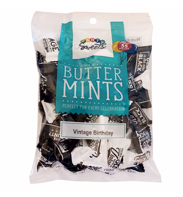 Party Sweets Vintage Birthday Themed Buttermints by Hospitality Mints, Individually Wrapped, 7 oz. Bag Pack of 6 (330 pieces), White Buttermints