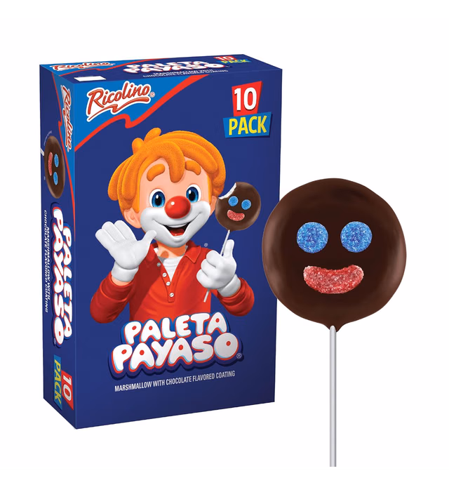 Ricolino Paleta Payaso Marshmallow Lollipops with Chocolate Flavored Coating, Net Wt. 15.8 Ounces, 10 Count Box