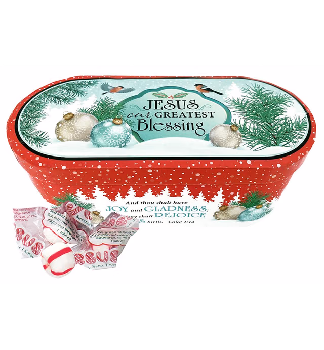 Scripture Candy, Jesus Our Greatest Blessing Christmas Tin, 4 Ounce Soft Peppermint Candy