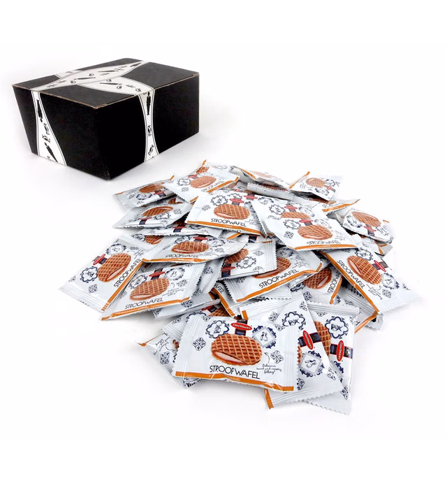 Daelmans Bite Size Caramel Stroopwafels, 0.28 oz Packages in a BlackTie Box (Pack of 50)