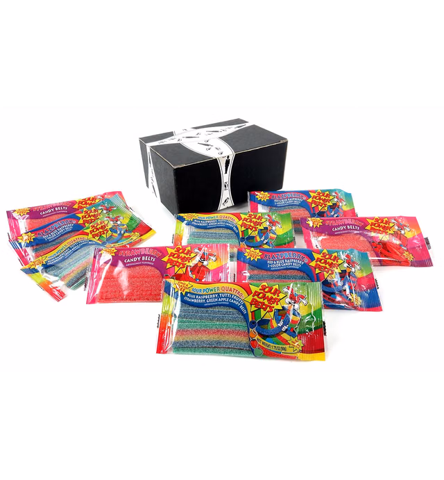 Dorval Sour Power Belts 3-Flavor Variety: Three 1.75 oz Packages Each of Quattro, Strawberry, and Blazpberry in a BlackTie Box (9 Items Total)