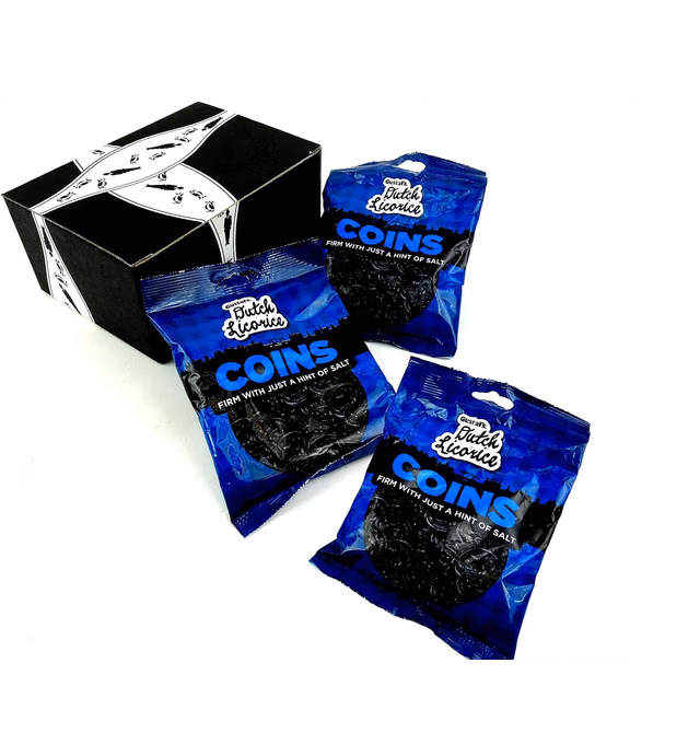 Gustaf's Black Licorice Coins, 5.2 oz Bags in a BlackTie Box (Pack of 3)