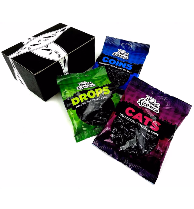Gustaf's Dutch Black Licorice 3-Flavor Variety: One 5.2 oz Bag Each of Drops, Cats, and Coins in a BlackTie Box (3 Items Total)