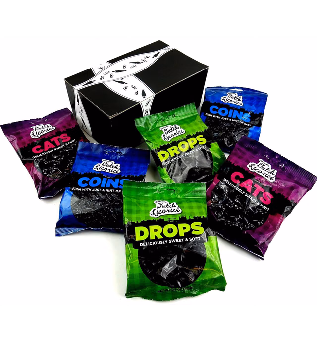 Gustaf's Dutch Black Licorice 3-Flavor Variety: Two 5.2 oz Bags Each of Drops, Cats, and Coins in a BlackTie Box (6 Items Total)