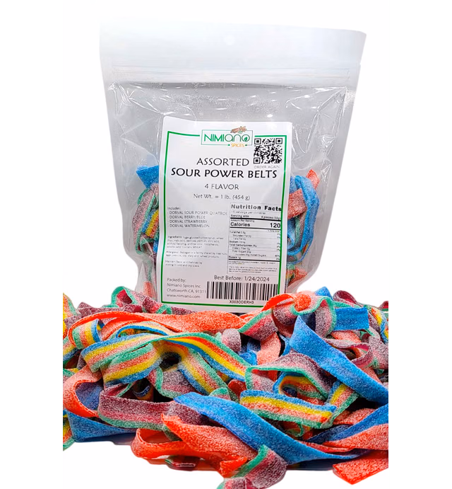 Nimiano Brand Assorted Four Flavor Sour Power Belts Freshly Packaged in Reusable Pouch | Quatros | Berry/Blue |Strawberry | Watermelon | 1 Lb.