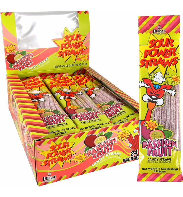 Sour Power Passionfruit Candy Straw Packages, 24Count