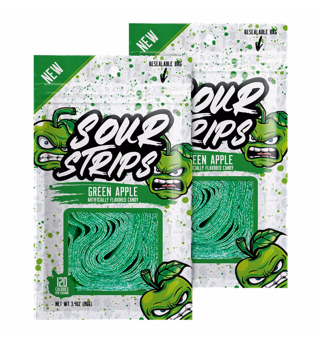 Sour Strips Apple Flavored Sour Candy Strips, Deliciously Sour Chewy Candy Belts, Vegetarian Candies, 12 Strips per Pack, 2 Pack