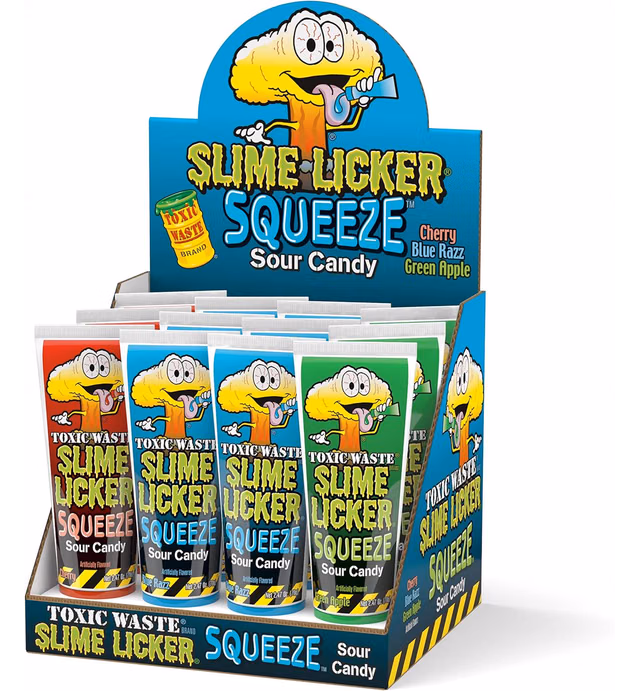 Toxic Waste Slime Licker Squeeze Sour Candy | 12 Count Display with Blue Razz, Cherry, and Green Apple Flavors