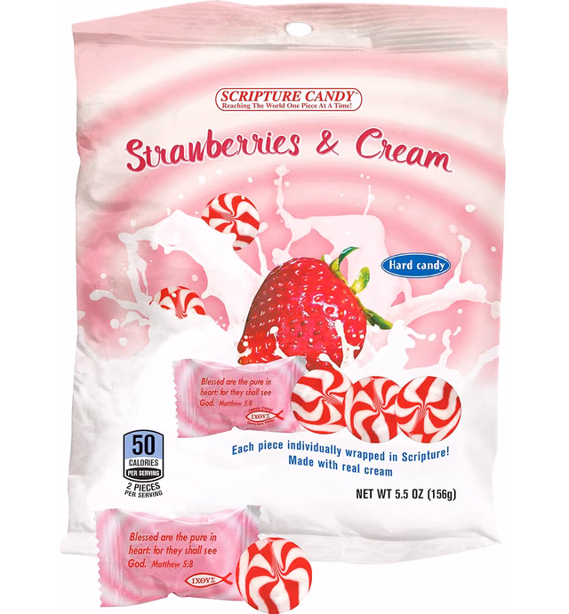Scripture Candy, Strawberry & Cream Hard Candy 5.5 Ounce Bag, 25 Pieces