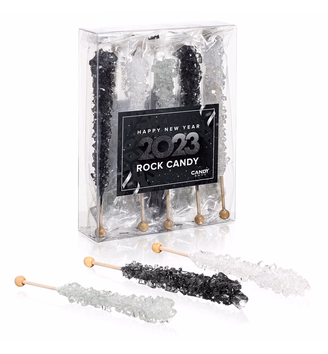 Happy New Year Rock Candy Crystal Sticks - 10 Indiv. Wrapped Silver, Black & White