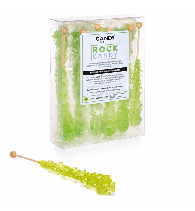 Light Green Rock Candy Crystal Sticks - Watermelon Flavored - 12 Indiv. Wrapped