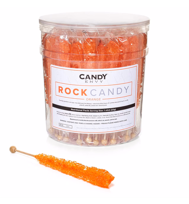 Orange Rock Candy Crystal Sticks - Orange Flavored - 36 Indiv. Wrapped