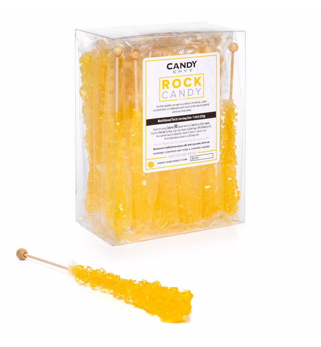 Yellow Rock Candy Crystal Sticks - Lemon Flavored - 24 Indiv. Wrapped