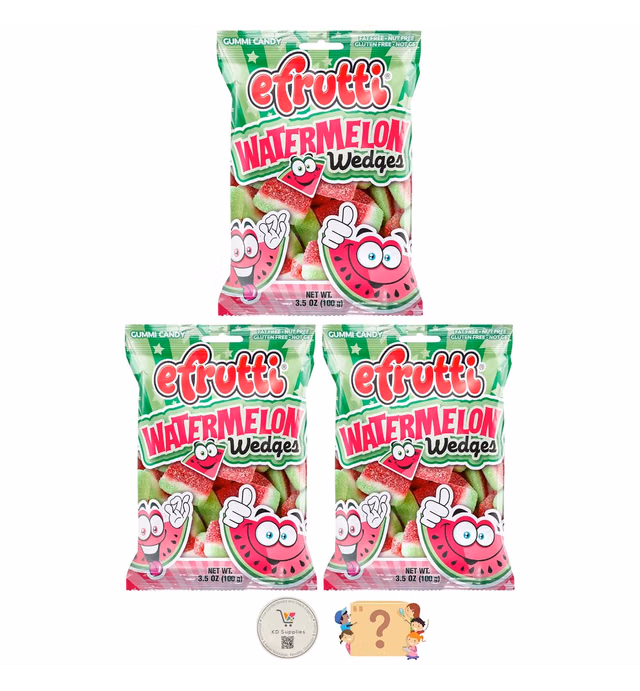 eFrutti Fruit Flavored Gummi Candy, 3.5 oz Bags (Pack of 3) + BONUS Mystery Candy (Watermelon Wedges)