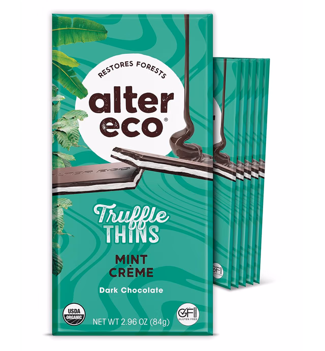 Alter Eco Mint Creme Truffle Thins, Chocolate Bar with Gooey Ganache Truffle Filling, Gluten-Free, Non-GMO Snacks, No Additives or Artificial Sweeteners, Fair Trade, Recyclable Packaging (6-Pack Mint Creme)