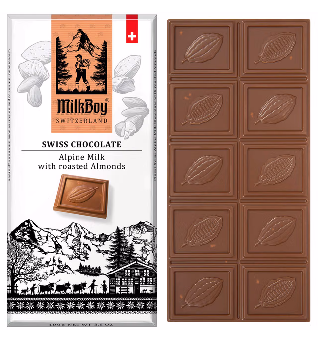 Milkboy Swiss Almond Chocolate Bars - Premium Swiss Alpine Milk Chocolates with Almond - Milk Chocolate – All Natural, Gluten Free, Non-GMO - Made in Switzerland - Kosher - 3.5 oz Pack of 5