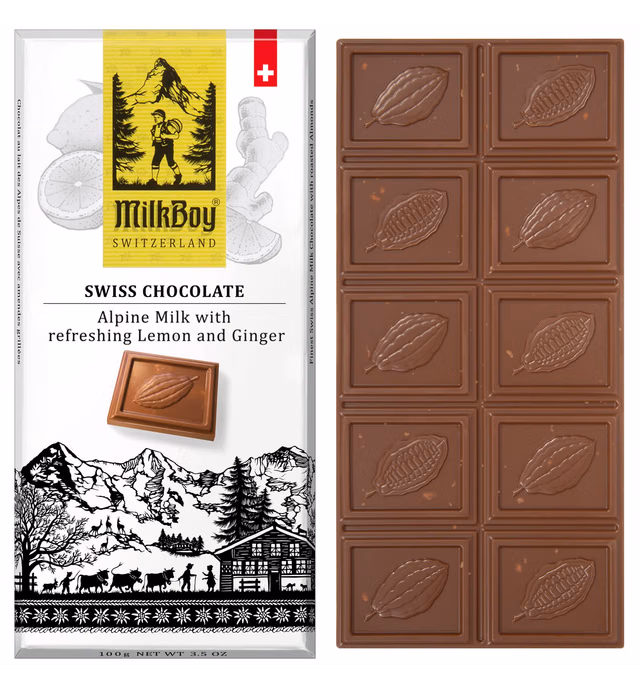 MilkBoy Swiss Chocolates - Alpine Milk Chocolate Bars with Refreshing Lemon and Ginger - 3.5 Ounce - Pack of 3