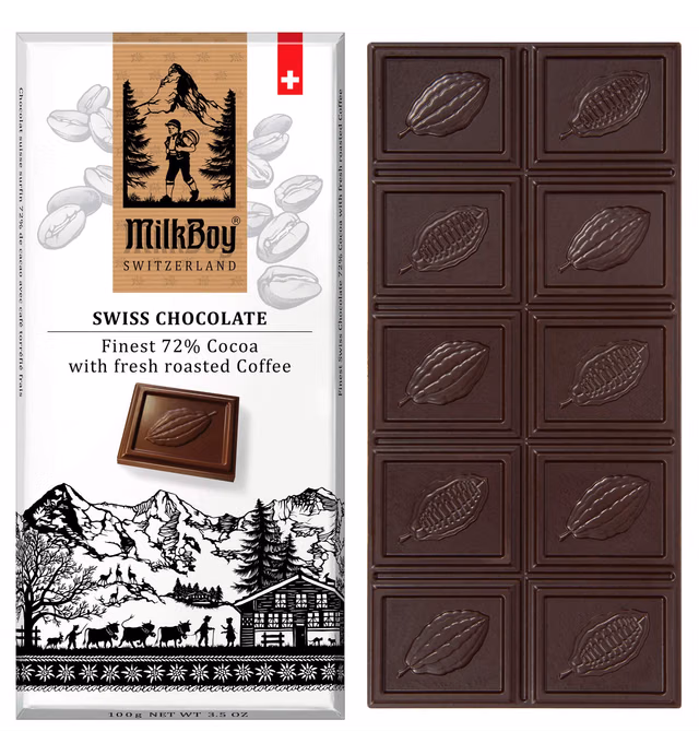 Milkboy Swiss Dark Chocolate with Coffee - 72% Cocoa Chocolate Bars - Gourmet Dark Chocolate Bars - Made in Switzerland - Gluten Free - Sustainably Farmed - Non GMO - Vegan 3.5 oz 5 Pack