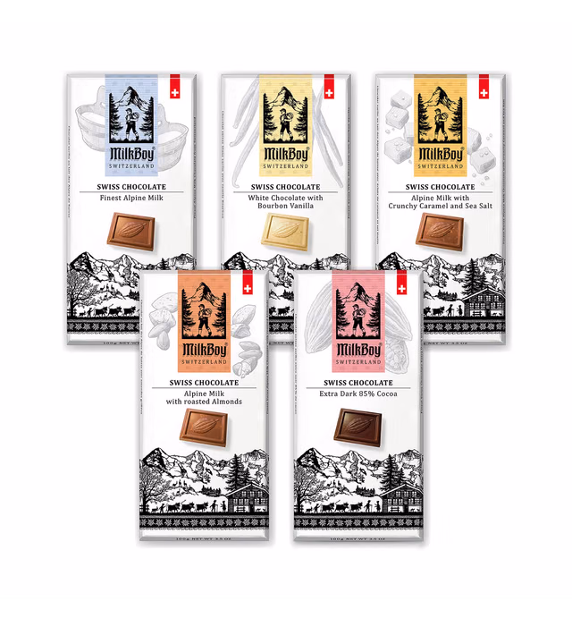 Milkboy Swiss Gourmet Chocolate Bars - Milk Chocolate Bars - Dark Chocolate - White Chocolate Bar - Premium Handmade Chocolate Variety - Kosher - GMO Free - Chocolate Candy - 5 Pack