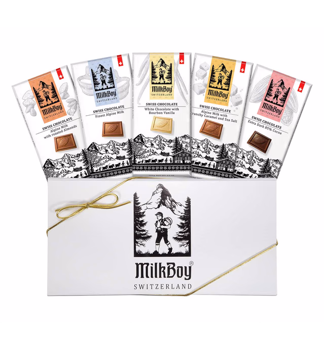 Milkboy Swiss Gourmet Chocolate Bars - Milk Chocolate Bars - White Chocolate Bar - Premium Handmade Chocolate - Kosher - GMO Free Valentines Day Chocolate Candy- 5 Pack (Mixed Variety Gift Box)
