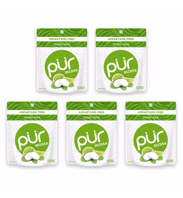 PUR 100% Xylitol Breath Mints, Mojito Lime Mint, 20 Count (Pack of 5) Sugar-Free + Aspartame Free, Vegan + non GMO